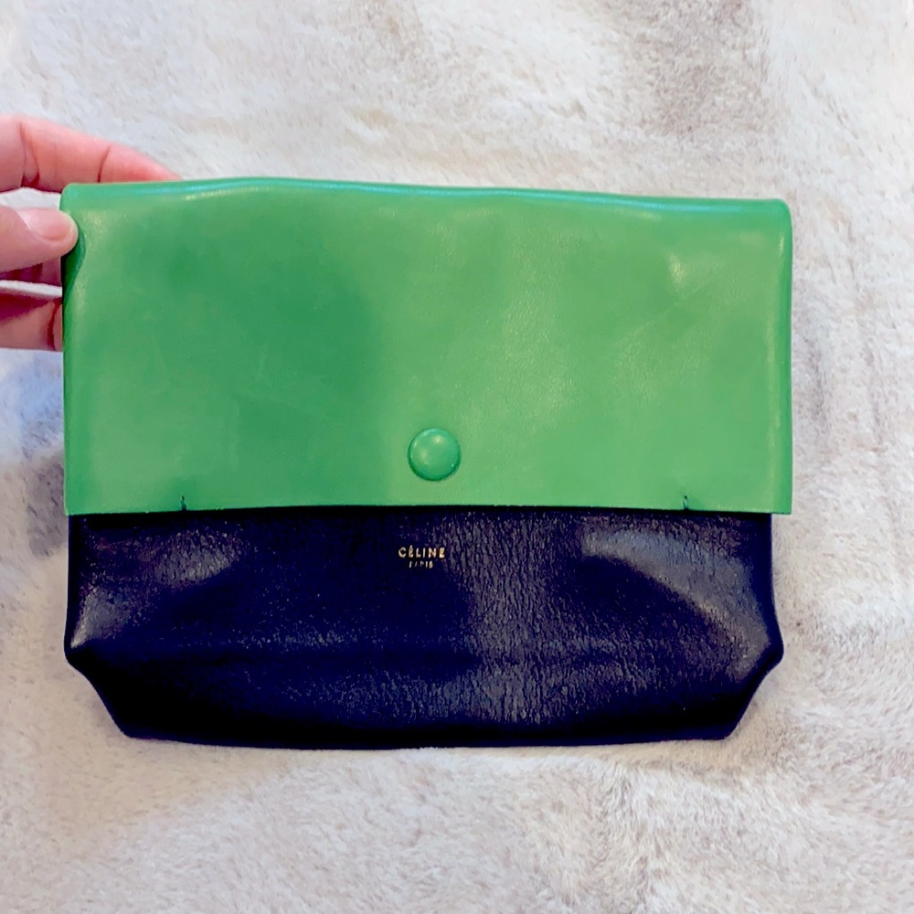 Celine Paris Clutch Green Leather snap clutch rare retired design